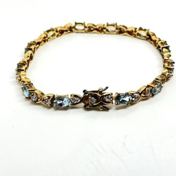 VINTAGE DBJ 925 VERMEIL BLUE TOPAZ CZ TENNIS BRACELET GOLD STERLING SILVER 7” - Picture 6 of 14